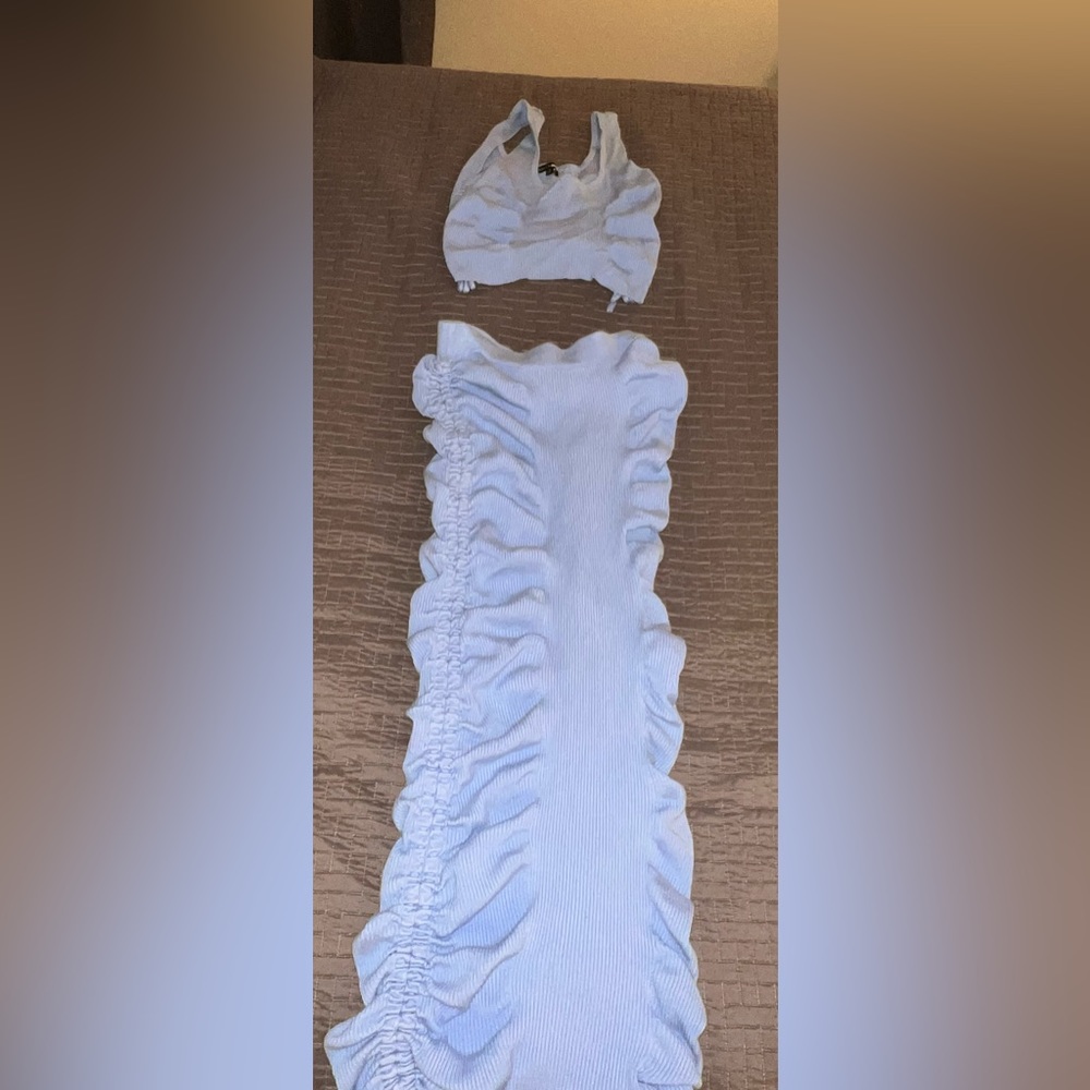 Light blue ruched maxi two piece skirt set